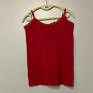 Red tank top with lace around the collar. Sz small